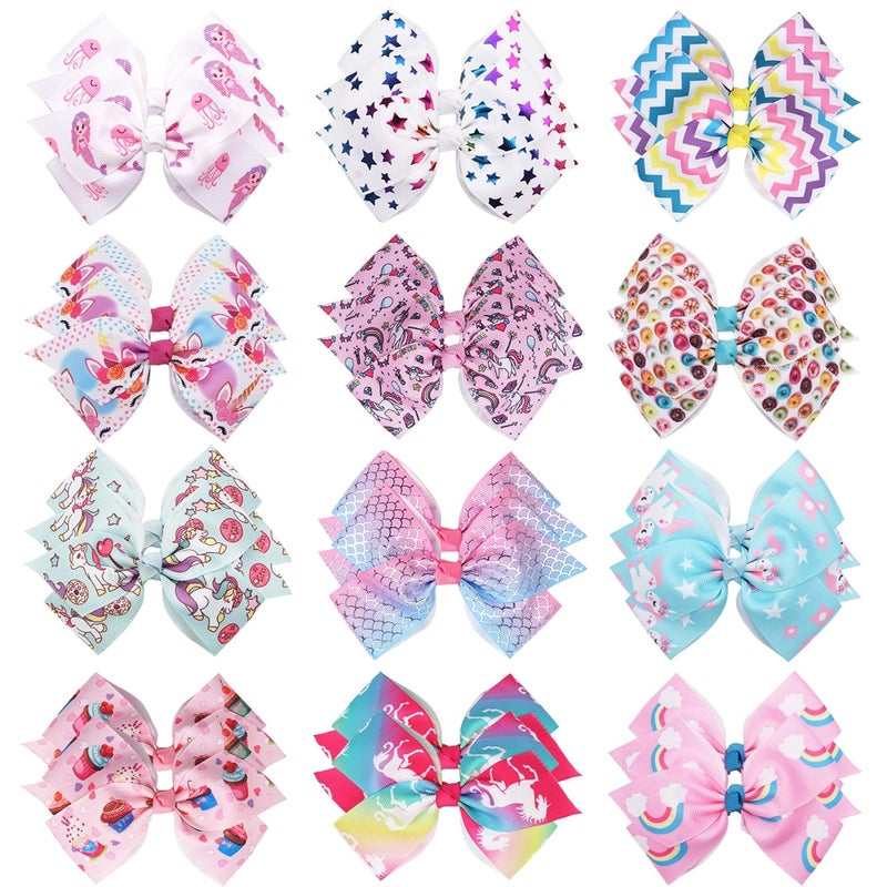 CellElection 24PCS 4.5Inch Bows for Girls Boutique Grosgrain Ribbon Rainbow Hair Bow Alligator Hair Clips Pigtail Bows Unicorn Hair Clips for Baby Girls Toddler Kids Children Teens in Pairs - Image 1